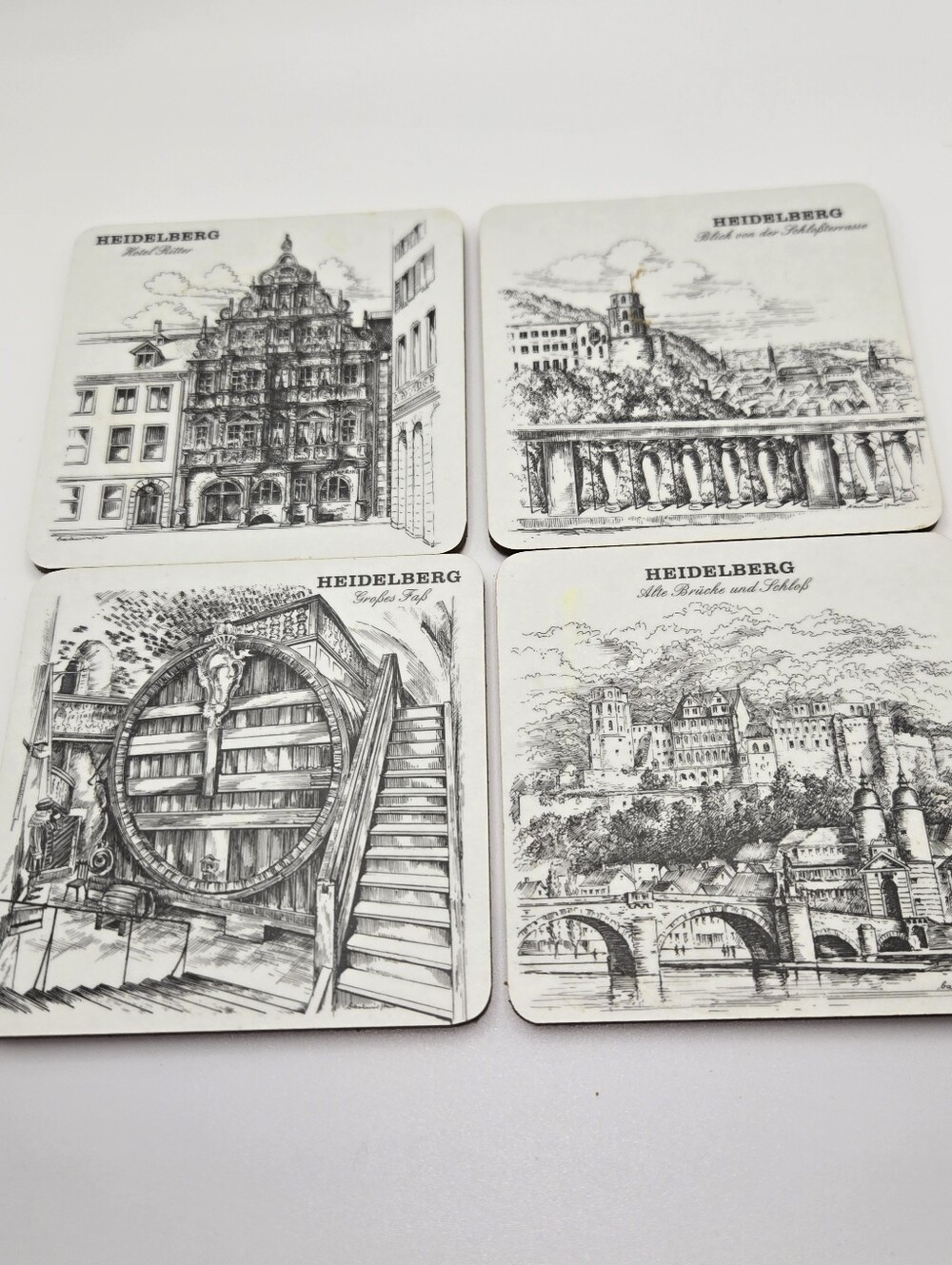 Vintage Heidelberg Germany Historic Scene Cork Back Coasters In Black & White